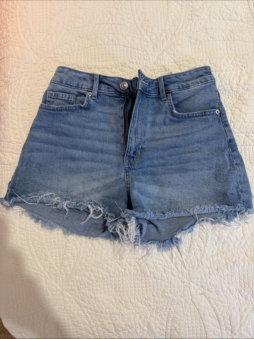 H&M Light Blue High-Rise Distressed Denim Shorts